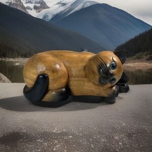 Vintage Folk Art Solid Wood Hand Carved Cat Figurine Brown Blue Eyes 10” Long